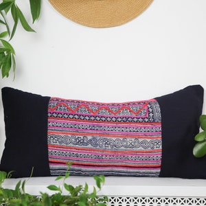 Vintage Hmong Pillow Indigo Denim Hand Woven Organic Hemp Pillowcase Striped Hand Embroidered Lumbar 12 x 24 image 7