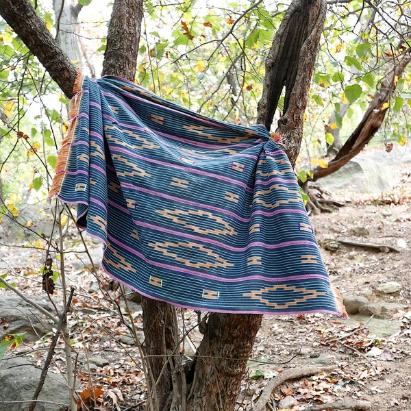 Unique Vintage Reversible Denim Indigo African Baule Shibori Mudcloth Ikat Throw Beach Picnic Blanket Fabric Shawl Scarf Textile Tapestry