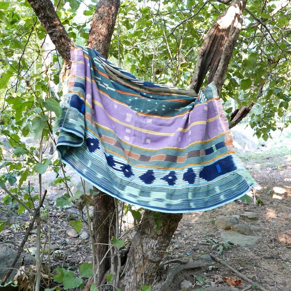 Unique Vintage Reversible Denim Indigo African Baule Shibori Mudcloth Ikat Throw Beach Picnic Blanket Fabric Shawl Scarf Textile Tapestry