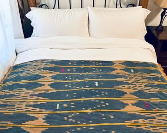 Unique Vintage Reversible Denim Indigo African Baule Shibori Mudcloth Ikat Throw Beach Picnic Blanket Fabric Shawl Scarf Textile Tapestry
