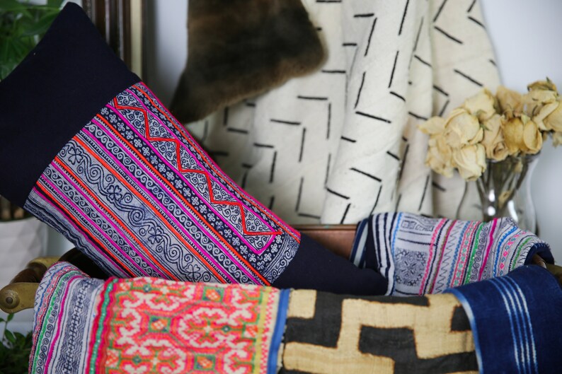 Vintage Hmong Pillow Indigo Denim Hand Woven Organic Hemp Pillowcase Striped Hand Embroidered Lumbar 12 x 24 image 5