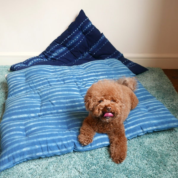 Boho Hund Bett / Boden Kissen / XL / Shibori, Schlammtuch, Streifen, Tie Dye, Indigo, Ikat