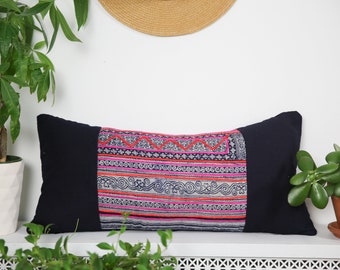 Vintage Hmong Pillow Indigo Denim Hand Woven Organic Hemp Pillowcase Striped Hand Embroidered Lumbar 12&quot; x 24&quot;