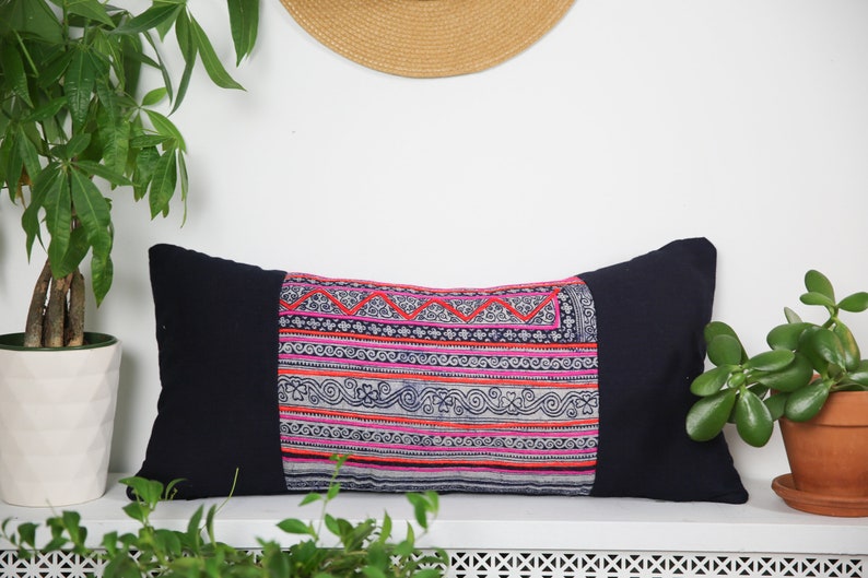 Vintage Hmong Pillow Indigo Denim Hand Woven Organic Hemp Pillowcase Striped Hand Embroidered Lumbar 12 x 24 image 1