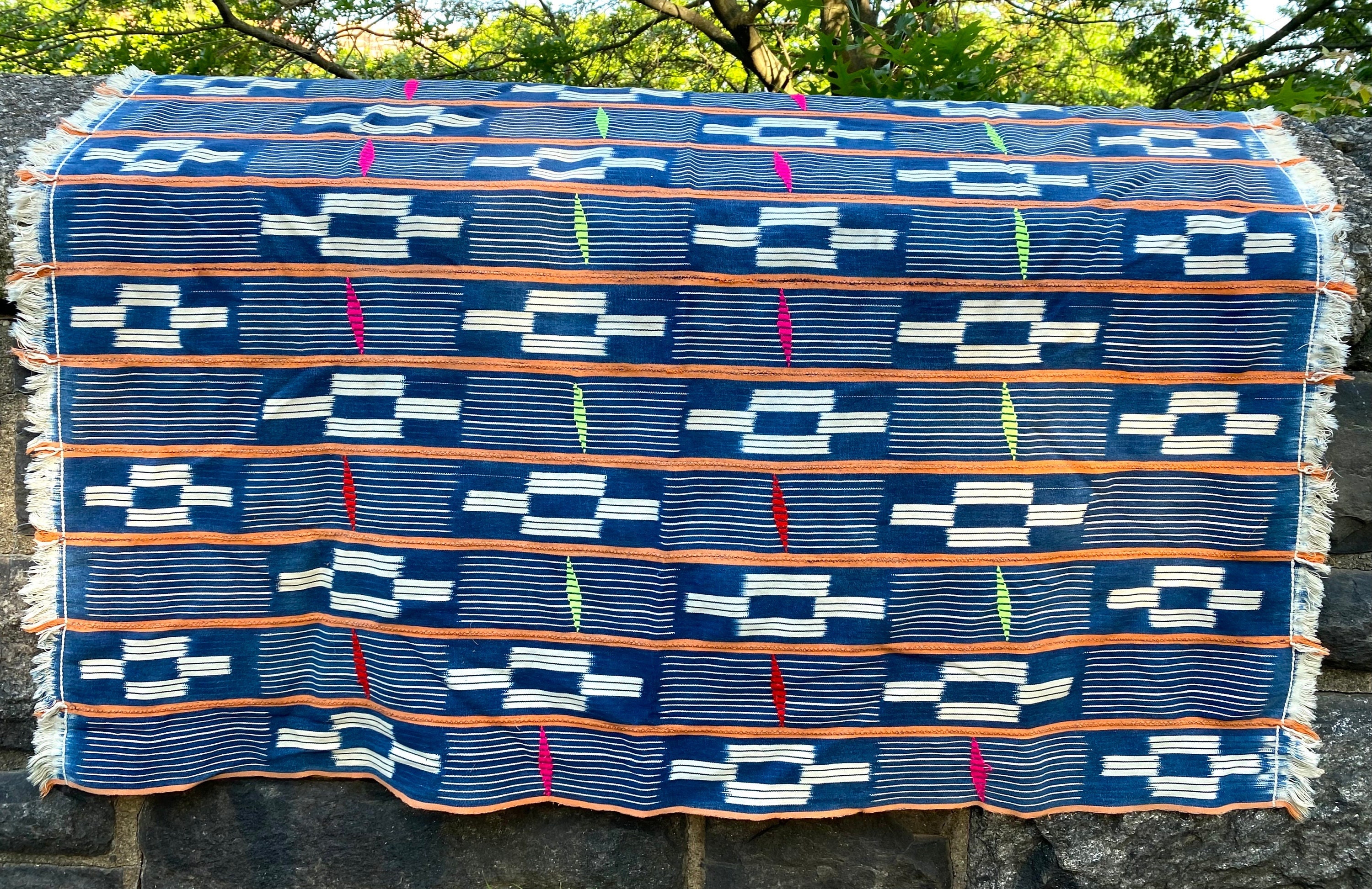 Unique Vintage Reversible Denim Indigo African Baule Shibori Mudcloth Ikat Throw Beach Picnic Blanket Fabric Shawl Scarf Textile Tapestry