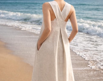 Cross Back Linen Maxi Dress, Summer Long Dress with Square Neckline