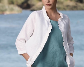 Womens Linen Cropped Jacket, Short Blazer Bolero with Ruffles, Round Neckline, Open Front