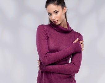 Womens Turtleneck, Purple Fitted Top with Thumb Holes