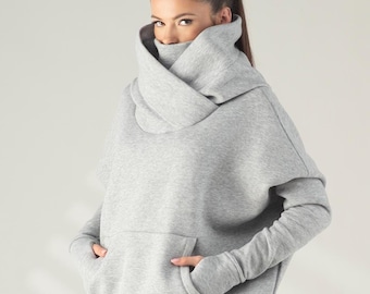 Cowl Neck Hoodie Sweatshirt, Oversized Hooded Top with Thumb Hole