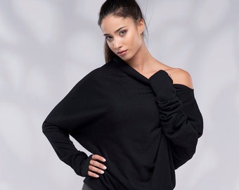 Off Shoulder Sweater, Sweaters for Women, Black Winter Top