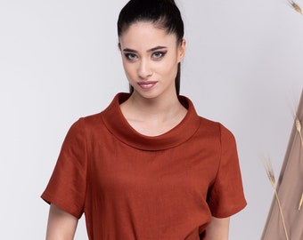 Linen Short Sleeves Blouse, Linen Top Women Burnt Orange