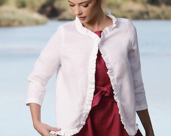White Linen Cropped Blazer, SummerShort Jacket with Ruffles, Round Neckline, Open Front