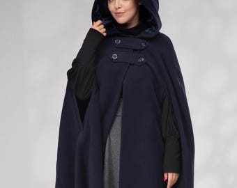 Wool Hooded Cape Coat: Maxi Winter Cloak with Pockets