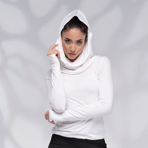 Women&#39;s White Hoodie, Cowl Hooded Tops Women, Extra Long Thumb Hole Sleeve, Fitted Top for Women