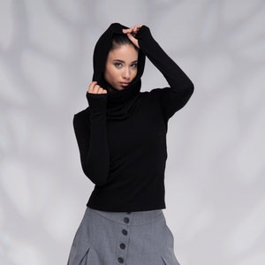 Sweaters for Women Cowl Hooded, Womens Sweaters with Thumb Hole, Winter Blouses Woman, Black Womens Pullover