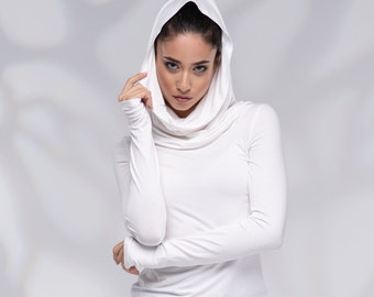 Women's White Hoodie, Cowl Hooded Tops Women, Extra Long Thumb Hole Sleeve, Fitted Top for Women