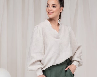 Linen Victorian Blouse, Balloon Sleeve Linen Edwardian Shirt