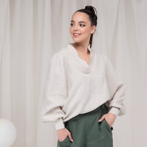 Linen Victorian Blouse Women, Oversized Linen Tops, Loose Linen Shirt, Balloon Sleeve Shirt, Edwardian Blouse Linen, Puffy Sleeve Blouse