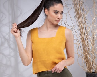 Linen Crop Top, Linen Tank Top, Linen Sleeveless Blouse Women, Square Neck Top, Mustard Linen Top Women