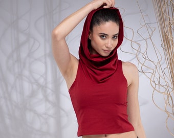 Hooded Crop Top for Women, Cowl Hood Sleeveless Hoodie, Pixie Top