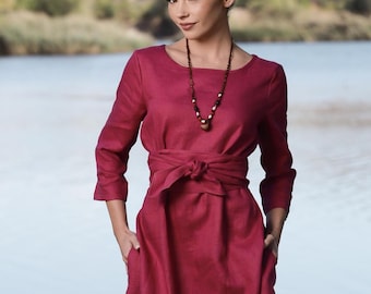 Belted Maxi Linen Dress, Long Sleeve, Fit and Flare Midi Dress