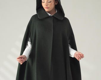 Wool Cape Coat, Cloak with Hood,  Long Winter Hooded Cape