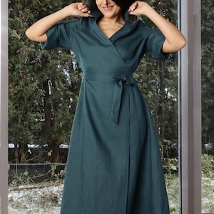 Linen Wrap Dress Midi, Long Linen Dress with Tie, Elegant Linen Dress