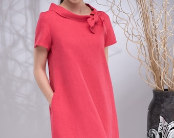 Short Linen Dress Women, Linen Tunic Dress, Knee-Length Linen Dress, Linen Shirt Dress, A-line Summer Linen Dress