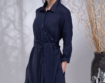 Robe longue portefeuille en lin pour femme, Robe bohème en lin femme, Robe longue en lin, Robe en lin à col boutonné, Robe ceinture en lin