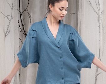 Linen Top for Women, Linen Blouse Short Sleeve, Kimono Sleeve Top, Shawl Collar Blouse, Loose Linen Top, Button Front Shirt
