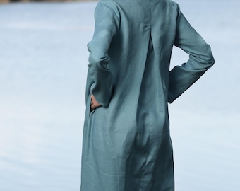 Linen Kaftan Women, Long Linen Maxi Dress with pleat on the back