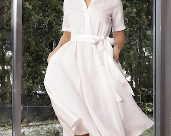 Vestido midi de lino blanco, estilo años 50, con cinturón para mujer