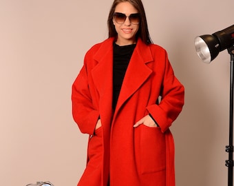 Wool Coat Women, Winter Plus Size Coat, Warm Oversized Red Maxi Overcoat