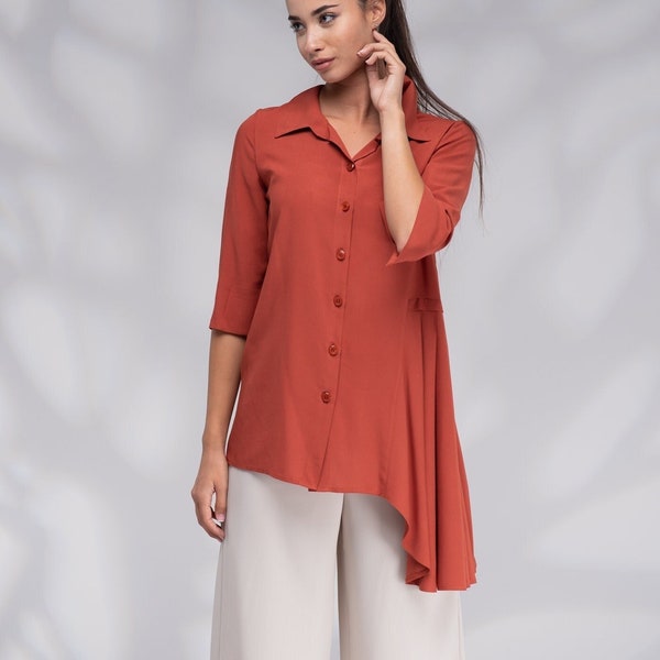 Button up Shirt for Women, Elegant Blouse Plus Size, Asymmetrical Tunic Top, Burnt Orange Blouse, Collared Shirt