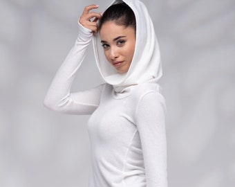Cowl Hooded Sweater, White Fitted Sweater, Thumb Hole Sleeves