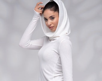 Pull à capuche Cowl pour femmes, pull femme blanc, pull trou de pouce, pull col capot