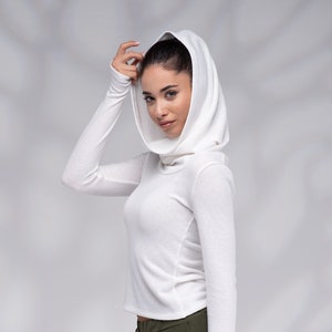 Cowl Hooded Sweater for Women, White Womens Sweater, Thumb Hole Sweater, Cowl Neck Sweater