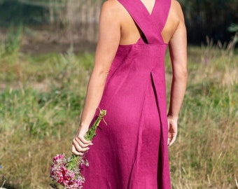 Linen Pinafore Dress, Long Maxi Cross Back Dress with Square Neck