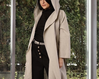 Long Linen Hooded Wrap Coat, Summer Cloak with Hood