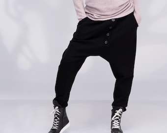 Black Harem Pants, Cotton Drop Crotch Pants, Loose Wide Leg Trousers