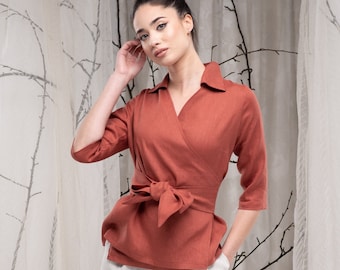 Linnen wikkelblouse voor dames, linnen kimonotop