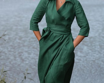 Emerald Green Linen Wrap Dress, Long Summer Maxi Dress