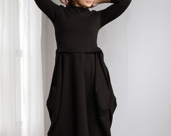 Long Winter Maxi Dress, Extravagant Balloon Dress with High Neck Neckline