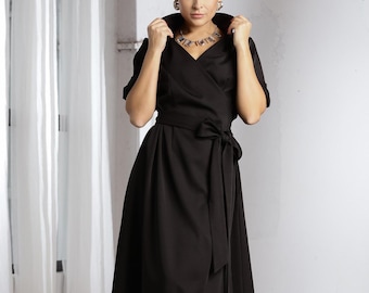 Black Elegant Wrap Dress, Collared Polyester Midi Dress with Belt