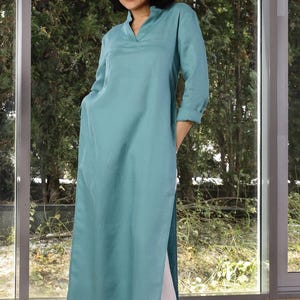 Long Linen Tunic for Women, Linen Shirt Dress with Two Slits on Side, Linen Tunic Tops for Women, Long Sleeve Linen Tunic Dress