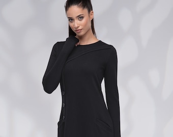 Robe Maxi Sweatshirt Femmes, Robe Longue d’Hiver, Robe Maxi Noire, Robe Taille Plus avec Poches, Manches Longues