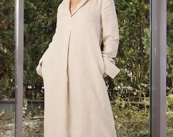 Vestido largo caftán de lino, vestido largo de verano con cuello en V
