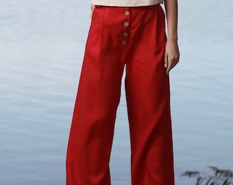 Linen Wide Leg Pants for Women, Summer Palazzo Pants with Two Pockets