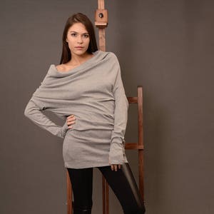 Wool Sweater Women, Asymmetrical Knit Sweater, Oversized Sweater, Off Shoulder Sweater, Knit Sweater Dress, Womens Sweater, Danelly D17.8.25 Light Grey (8)