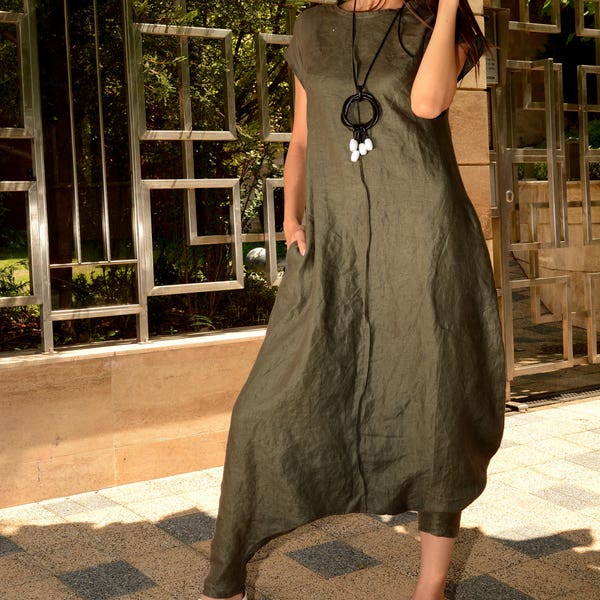 Linen Jumpsuit Women, Harem Jumpsuit, Linen Overalls, Plus Size Jumpsuit, Khaki Romper, Romper Women, Wide Leg Jumpsuit, Danellys  D17.02.02